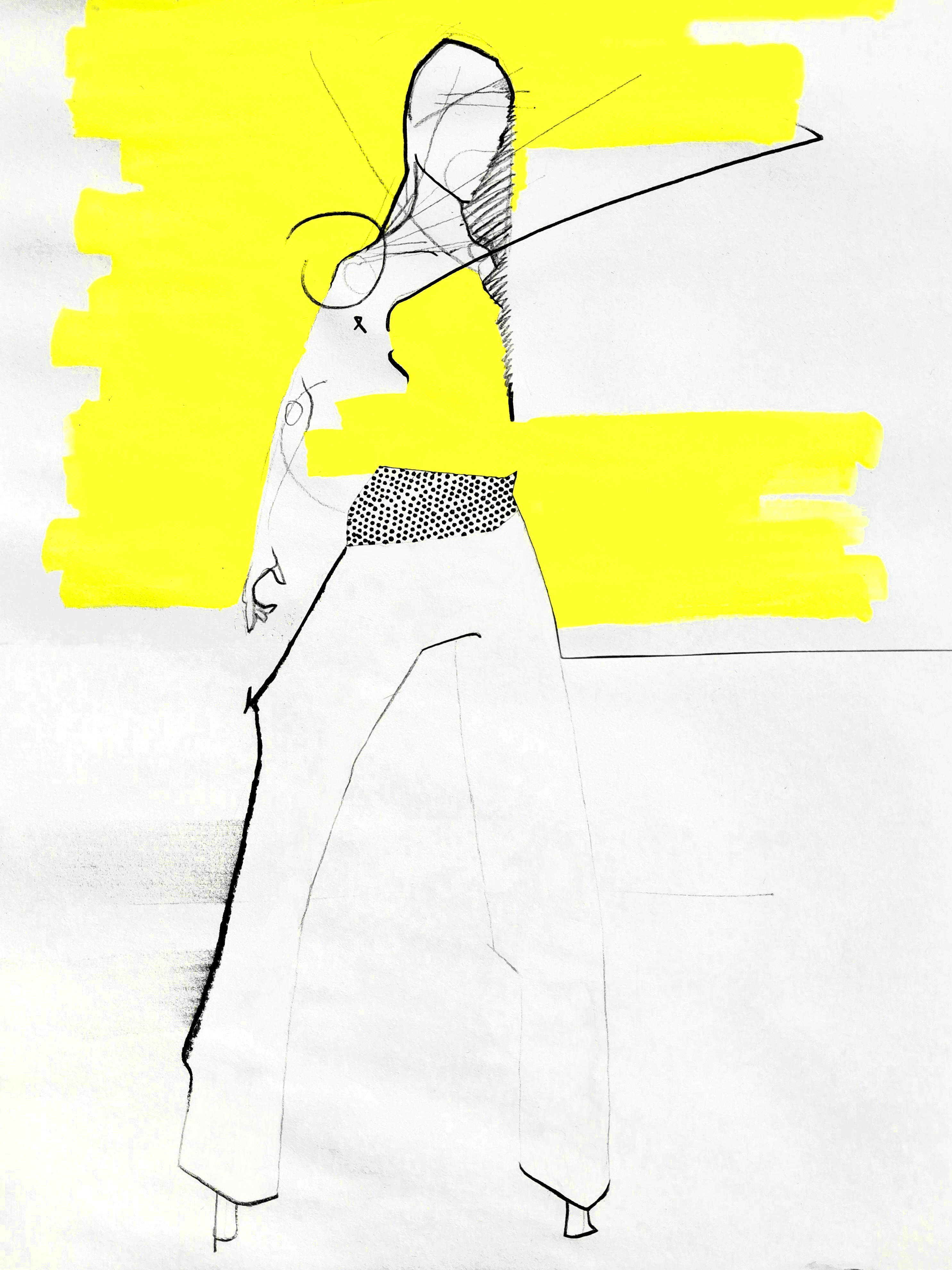 Durch Linien auf dem Blatt gewonnene Silhouette einer Hose auf eigener Modefigurine illustriert mit tiefem Schritt. Modezeichnung Format A4 aus der Mappe Studium Mode.